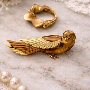 Art Deco Dove Brooch Set | Copper Silver Bird Pin & Sculptural Gold Tone Mid Cen